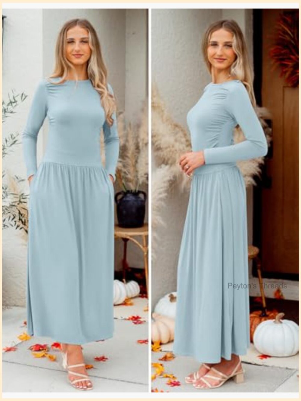 Women's Long Sleeve Crewneck Swing Pleated Maxi Dress with Pockets - Picture 6 of 7